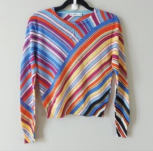 Zara Women Rainbow Preppy Striped Sweater Medium MulticolorCrewneck Long Sleeve